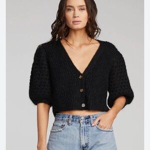 Saltwater LUXE Elyse Black V-Neck Button Puff-Sleeve Cardigan size L